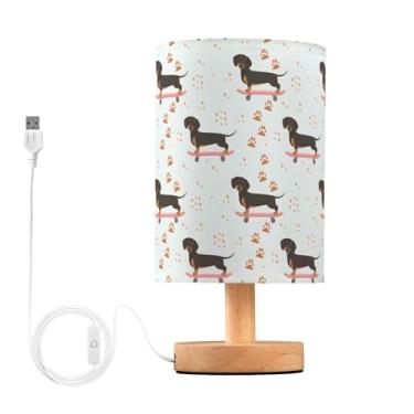 Imagem de Joisal Candeeiro de mesa engraçado para cães de skate Dachshund Abajur de linho abajur de mesa de cabeceira, lâmpada redonda