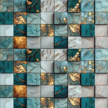 Imagem de LACHEERY 44,5 cm x 698,5 cm Papel de parede de azulejo Backsplash azul-petróleo descasque e cole papel de parede quadriculado verde e dourado para banheiro, papel de contato para cozinha, papel de