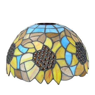 Imagem de Cúpula de reposição para abajur Tiffany, 30 cm (12") em vitral com girassóis, estilo vintage laranja, amarelo e azul. Encaixe de 4,1 cm (1-5/8") para luminárias de chão arqueadas e luminária