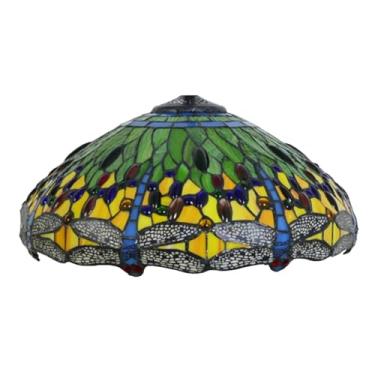 Imagem de Cúpula de abajur Tiffany com libélula, 45,7 x 22,9 cm (18 x 9 polegadas), em vitral, nas cores verde, azul, laranja, amarelo e vermelho. Ideal para abajures de mesa, de chão e pendentes.