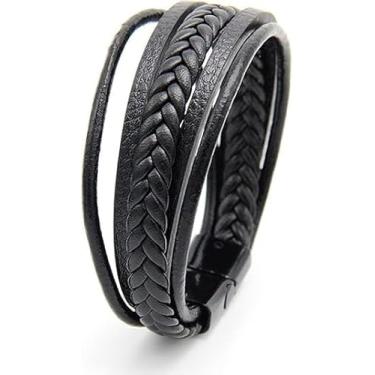 Imagem de Pulseira masculina de couro para mulheres, cruzada, preta, cravejada, boho, feita à mão, com cordão duplo, para homens, presentes de amizade, Medium, Latão, Sem Pedra Preciosa