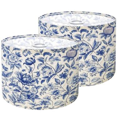 Imagem de Conjunto de 2 abajures vintage floral sem costura flores de primavera azul branco Chinoiserie abajures para candeeiros de mesa, candeeiros de chão, luz pendente DIY impressão HD substituição abajures