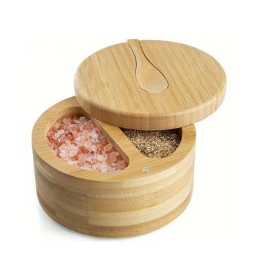 Imagem de Saleiro com tampa e colher – Caixa de sal para armazenamento de cozinha, tampa giratória para sal marinho, especiarias e ervas, recipiente rústico de tempero de bancada