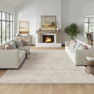 Imagem de Fmfunctex Tapete lavável 22,5 x 30,5 cm, bege, vintage, neutro, desgastado, oriental, grande, antiderrapante, para sala de estar, quarto, macio, com pelo baixo, tapete retrô para sala de jantar