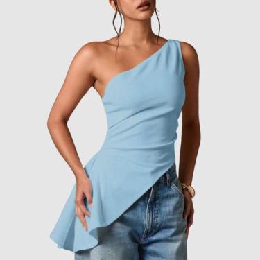 Imagem de Blusa Feminina Assimétrica Um Ombro Só Regata Suplex Babado Lateral Mo