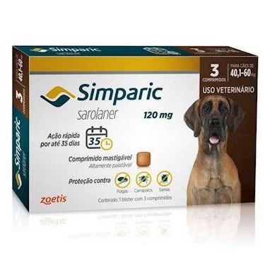 Imagem de Simparic 120mg Antipulgas para Cães 40,1Kg a 60Kg 3 Comprimidos - Zoet