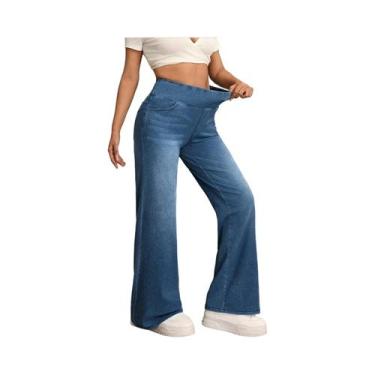 Imagem de Calças Jeans Femininas De Cintura Alta Com Elastano, Corte Solto E Per