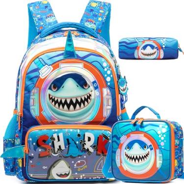 Imagem de Meetbelify Mochilas escolares infantis para meninas e meninos com lancheira para estudantes do ensino fundamental, 02 tubarões, Medium, Clássico