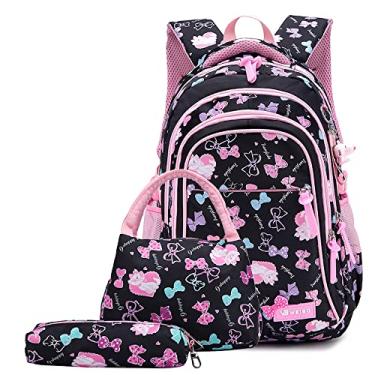 Imagem de WSLCN Mochila Escolar com Lancheira e Estojo, M, Preto, Macia