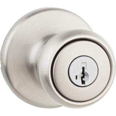 Imagem de Kwikset Maçaneta de porta de entrada Tylo com fechadura e chave, alça externa com chave segura, entrada frontal e quarto, níquel acetinado, resistente a picaretas SmartKey Rekey Security e Microban