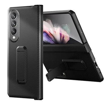Imagem de Capa para Galaxy Z Fold 3, com capa protetora de tela de vidro e design de fibra de carbono Kickstand Z Fold3 Capa de telefone feminina masculina rígida fina para Samsung Galaxy Z Fold 3 5G Capa (Carbono preto, Z Fold 3)