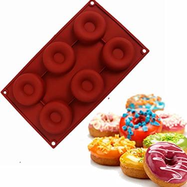 Imagem de Molde de rosquinha de 6 cavidades antiaderentes de silicone resistente ao calor reutilizável para donuts dobrados, ferramenta colorida para fazer sobremesas macias