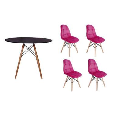 Imagem de Kit Mesa Jantar Eiffel 90cm Preta + 04 Cadeiras Botonê Veludo - Rosa -