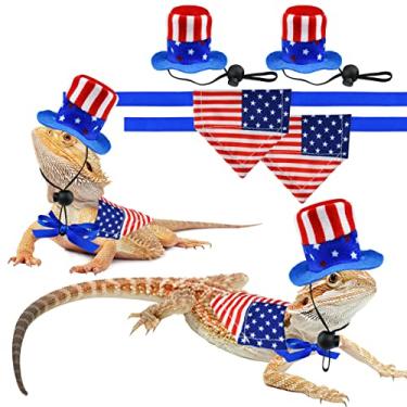 Imagem de Vehomy 4 peças Dia da Independência Fantasia de Dragão Barbudo 4 de Julho, Chapéus de Dragão Barbudo, Bandanas, Lagarto, Tio Sam, Chapéu Bandeira Americana, Bandeira de Lagarto, Bandana, Cachecol para Hamster Leopardo Gecko