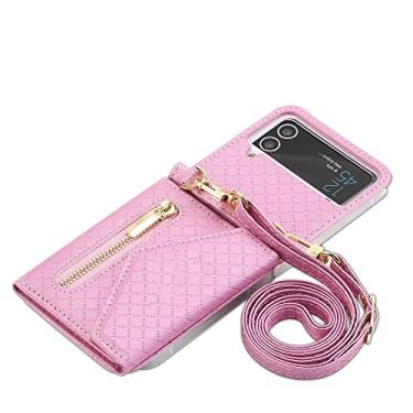 Imagem de Capa de celular transversal para Samsung Galaxy Z Flip 4 5G Flip4 Geométrico compartimento para cartões de crédito capa traseira de couro com cordão, rosa, para Galaxy Z Flip4 5G