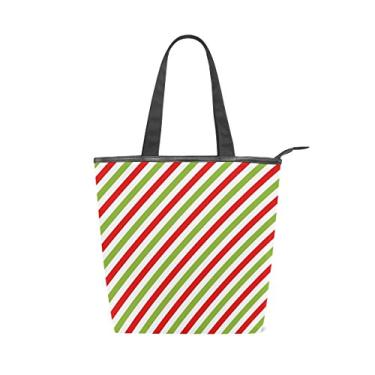 Imagem de Bolsa feminina de lona durável de Natal, listras diagonais vermelhas, verde, grande capacidade, sacola de compras