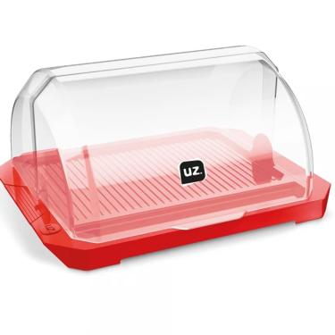 Imagem de Porta Pão Acrílico Suporte Guarda Armazena Pães Com Tampa Transparente Retrátil Vermelho UZ Utilidades Cesto Pao Padaria Multiuso	