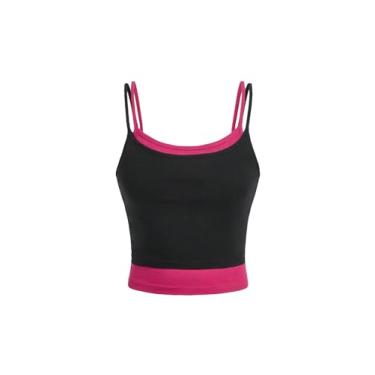 Imagem de Floerns Camiseta feminina 2 em 1 Colorblock sem mangas recortada sem costas anel vinculado, Preto, rosa, multi, PP