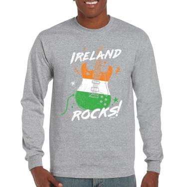 Imagem de Camiseta de manga comprida com bandeira de guitarra Ireland Rocks Dia de São Patrício Shamrock Groove Vibe Pub Celtic Rock and Roll cravo, Cinza, 3G