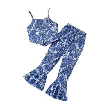 Imagem de BEAUDRM Conjunto feminino de 2 peças, sem mangas, alças finas, bainha assimétrica, blusa e calça flare, Multicolorido., 7Y
