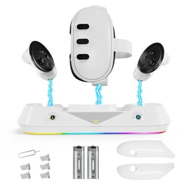 Imagem de Base de carregamento rápido para Meta Quest 3, correia de cabeça VR e estação de carregamento magnético controlador com luzes RGB, 2 baterias recarregáveis ​​de 1800mAh.