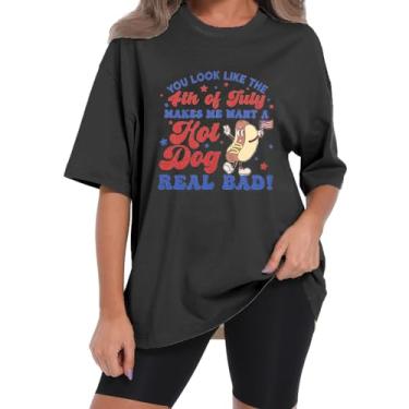 Imagem de 4th of July Shirt Women Oversized Patriotic: Camisetas engraçadas You Look Like 4th of July Hot Dog Lover Independence Day Tops, Cinza escuro, G