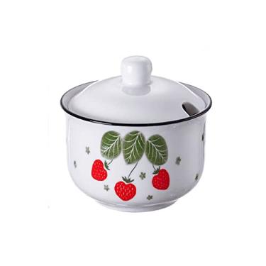 Imagem de Decohomeforu Pote de tempero de cerâmica de morango com tampa e colher, pote de condimentos, açucareiro, pote de condimentos de porcelana, recipiente de especiarias para casa, restaurante, cozinha,