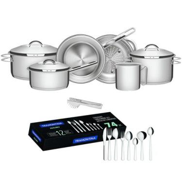 Imagem de Jogo de Panelas Tramontina Aço Inox Solar 6 pçs + Faqueiro Inox Tramon