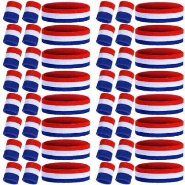 Imagem de Canlierr Conjunto de 48 faixas de moletom listradas de futebol para homens e mulheres, inclui 16 faixas de cabeça e 32 pulseiras, acessórios esportivos neon para festa à fantasia dos anos 80 (faixa