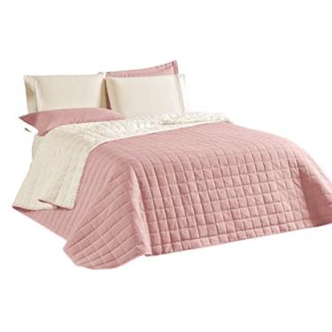 Imagem de Cobre Leito Colcha Cama Casal 3 Peças Dupla Face Algodão Percal 180 Fios Sherpa Cor:Rose