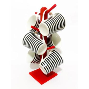Imagem de Kit Jogo 6 Xicara Grande 240ml listra preta + Suporte Mdf Enfeite Cozi
