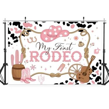 Imagem de Riyidecor Pano de fundo de aniversário de primeiro rodeio cowgirl, faixa de fundo de primeiro aniversário ocidental, estampa de vaca, rosa, cacto do oeste selvagem, 1,2 x 7,8 m, material de decoração