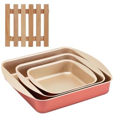 Imagem de Jogo de Assadeiras Forma Quadrada 03 Peças Antiaderentes + Descanso de Panela Quadrado Madeira