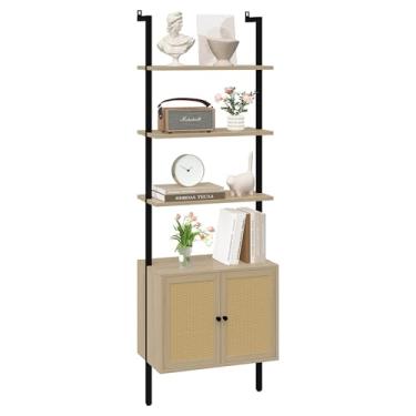 Imagem de Yusong Estante de livros de 185 cm de altura com armário, prateleira de parede de escada industrial de vime com moldura de madeira e metal, prateleira de plantas para sala de estar e quarto, marrom