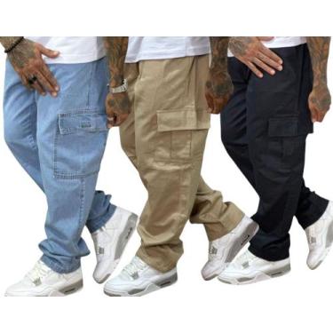 Imagem de Calça Cargo Jeans Larga Masculina Bolso Lateral Streetwear Estilo de r