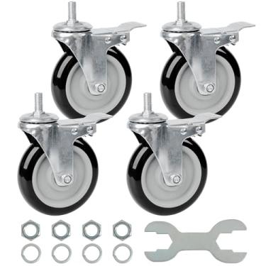 Imagem de Finnhomy Rodas giratórias giratórias de haste rosqueada de 12 cm, conjunto de 4 rodízios resistentes de 1/5.1 cm-33.0 x 2.5 cm com freio de poliuretano com trava industrial rodas para carrinho/móveis