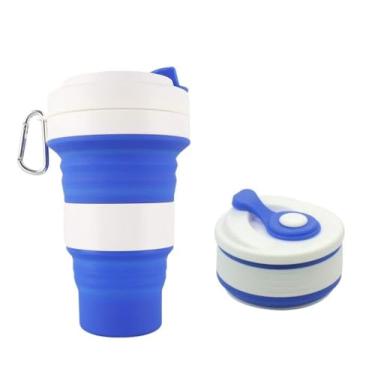 Imagem de Copo Retrátil de Silicone, 550ml, 3 Capacidades Ajustáveis, Azul e Branco, com Mosquetão