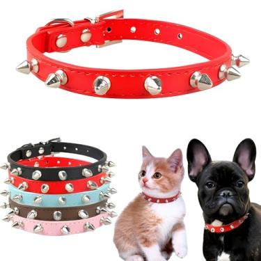 Imagem de Coleira de cachorro cravejada de couro sintético macio com rebite de espigão e pinos para gatos ajustáveis para meninas meninos de raças pequenas xícara de chá mini filhote de cachorro pequeno gatinho vermelho PP