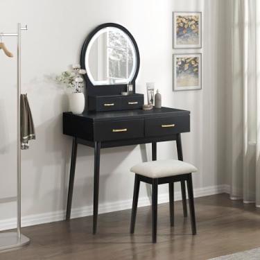 Imagem de Lexicon Mesa de penteadeira moderna com espelho, luzes LED, 3 modos de iluminação, conjunto de mesa de maquiagem pequeno com 4 gavetas e banco acolchoado, iluminação ajustável para quarto, preto