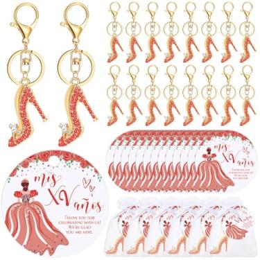 Imagem de Misdary 18 conjuntos de lembrancinhas de festa de quinze anos para convidados sapatos de salto alto chaveiros cartões bolsas para meninas presentes de aniversário de 15 anos (ouro)