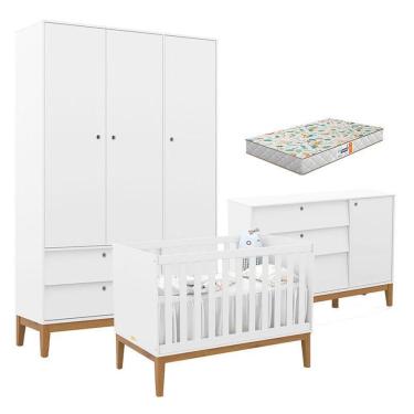 Imagem de Quarto De Bebe Unique 3 Portas Com Cômoda Sapateira Branco Soft Eco Wood E Colchão Gazin - Matic