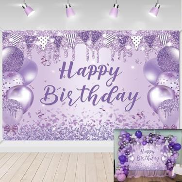 Imagem de Pano de fundo roxo de feliz aniversário com glitter, fundo de fotografia de aniversário roxo e prata para mulheres, meninas, artigos de decoração de festa de aniversário de 16 a 18 e 21 anos (94 x 70