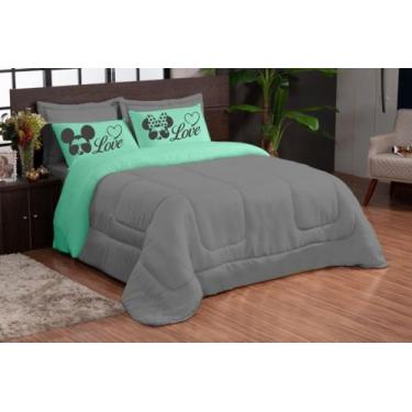Imagem de Kit edredom LOVE 05 peças queen dupla face microfibra Verde Cinza - th