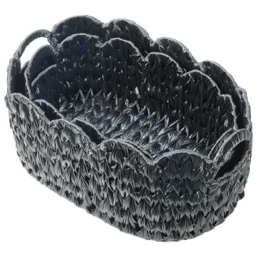 Imagem de Coeusy Cesto de vime preto, pacote com 2 cestas recortadas para lenços, cestas de tecido impermeável com alças embutidas para lavanderia, banheiro, quarto, oval