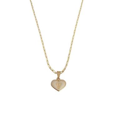 Imagem de Colar Cartier 60Cm Coração Branco Letra V Banhado Ouro 18K - Anaisa Se