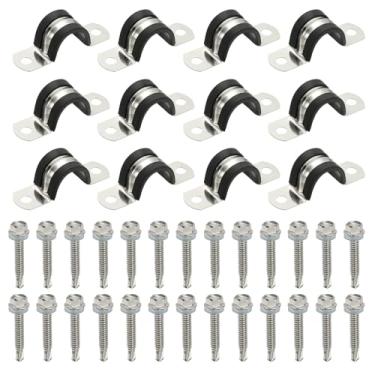 Imagem de PATIKIL 12 braçadeiras de tubo, 3/10.2 cm de aço inoxidável 304 amortecidas de borracha U braçadeiras de conduíte clipes de fio de correia de tubo com parafuso hexagonal para instalação de cabo de