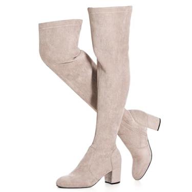 Imagem de N.N.G Botas femininas acima do joelho salto baixo inverno camurça coxa alta grosso OTK longo conforto, Salto acinzentado/bico amêndoa de 6 cm, 37