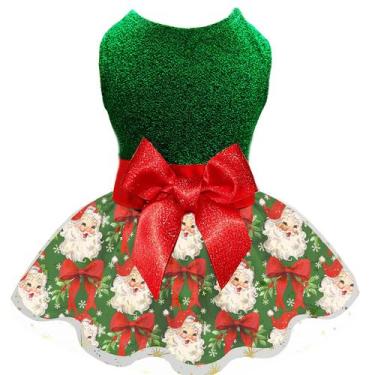 Imagem de Vestido de Natal para cães Miiemiu Green Top Red Bow Santa Saia