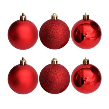 Imagem de Conjunto 6 Bolas de Natal Vermelho Prime Texturas Mistas 5cm Glitter, Brilho e Fosca