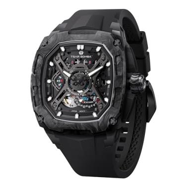 Imagem de TSAR BOMBA Relógios automáticos masculinos de luxo esqueleto mecânico 50 m à prova d'água moda relógio quadrado presente para homens, Preto